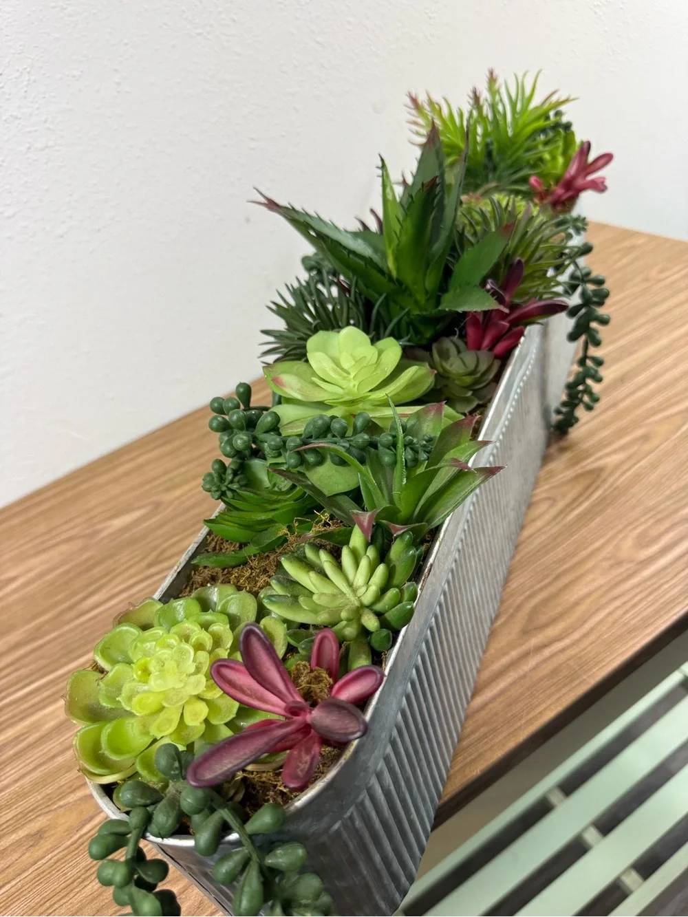 Faux Succulent Centerpiece in Gray Corrugated Planter